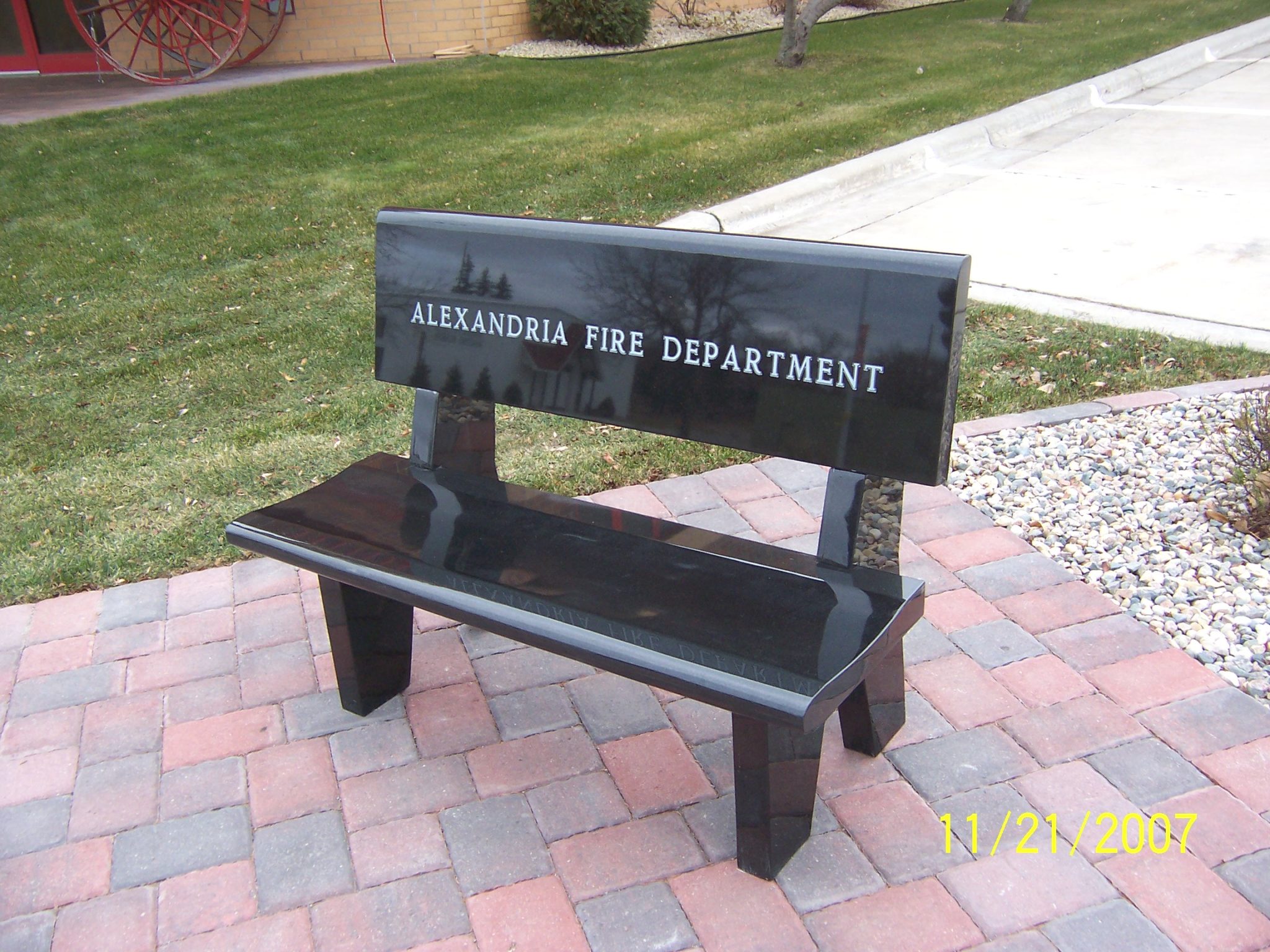 One of two benches around the AFD Memorial